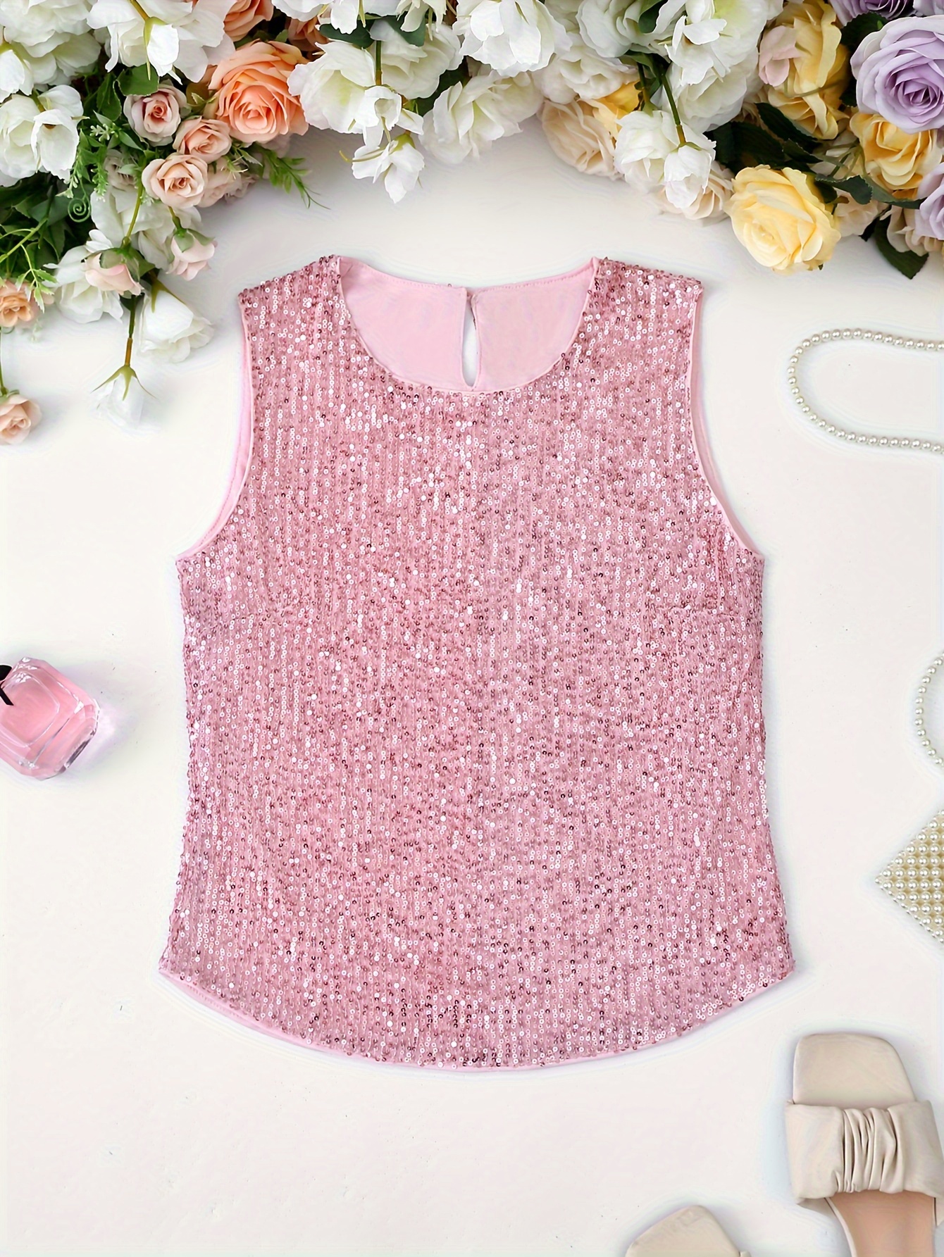 Sequined Keyhole Back Tank Top, Elegant Sleeveless Crew Neck Top, Women's  Clothing