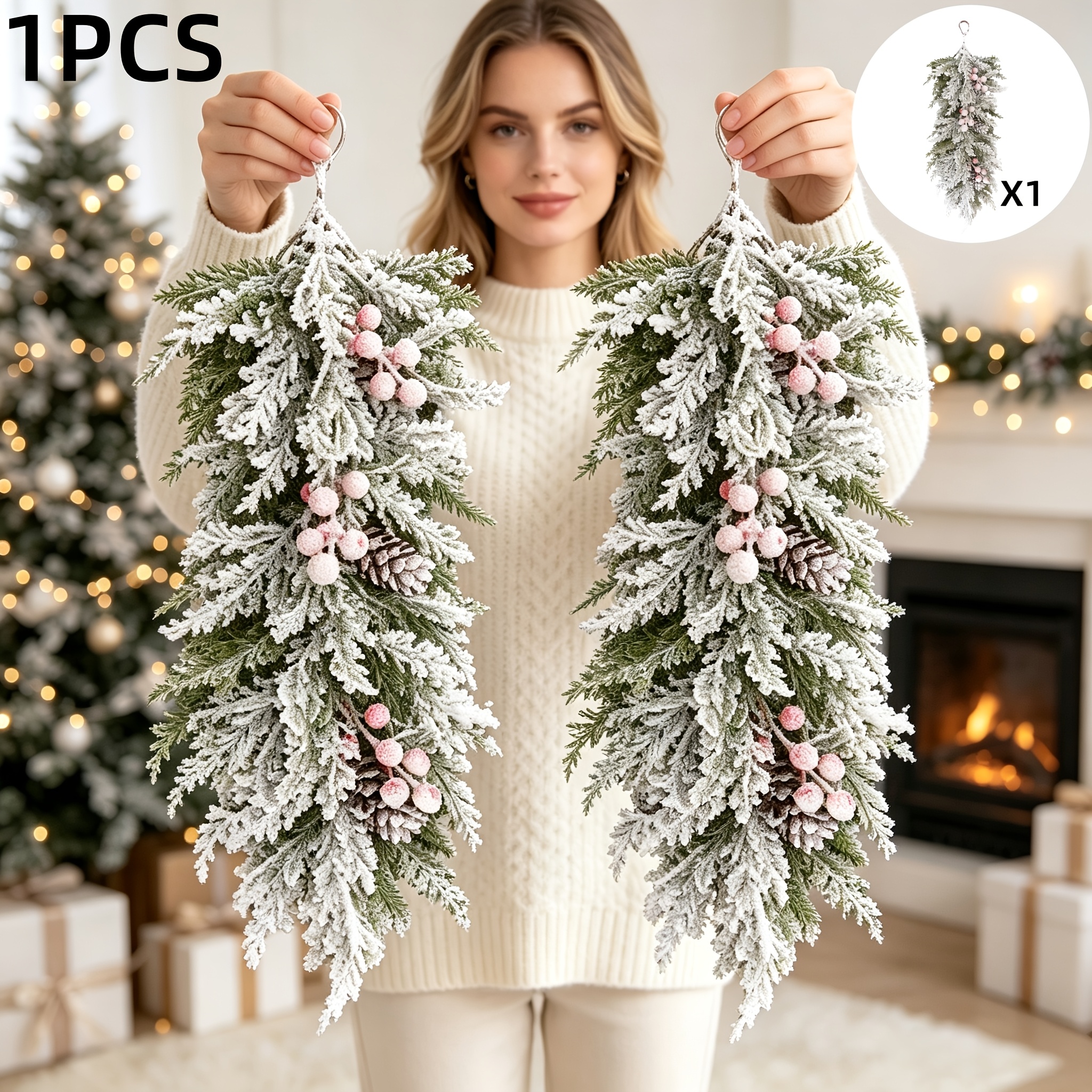 TEMU 1 pièce Ornement de Noël suspendu floqué avec aiguilles de pin, et artificielles, chute de neige artificielle avec crochet, ornement de porte de