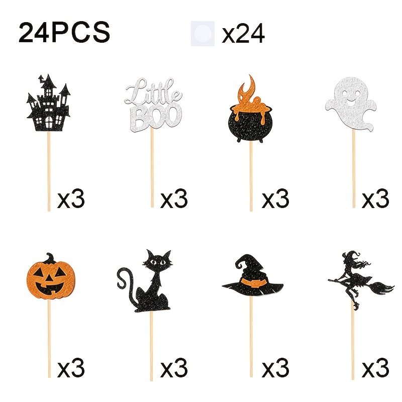 Image of 24pcs Halloween Cake Decorating Supplies, Witch Castle Pumpkin Boo Witch Hat Cauldron Cake Toppers, Bamboo Cupcake Toppers Picks, For Holiday Party Halloween Cake Decorations