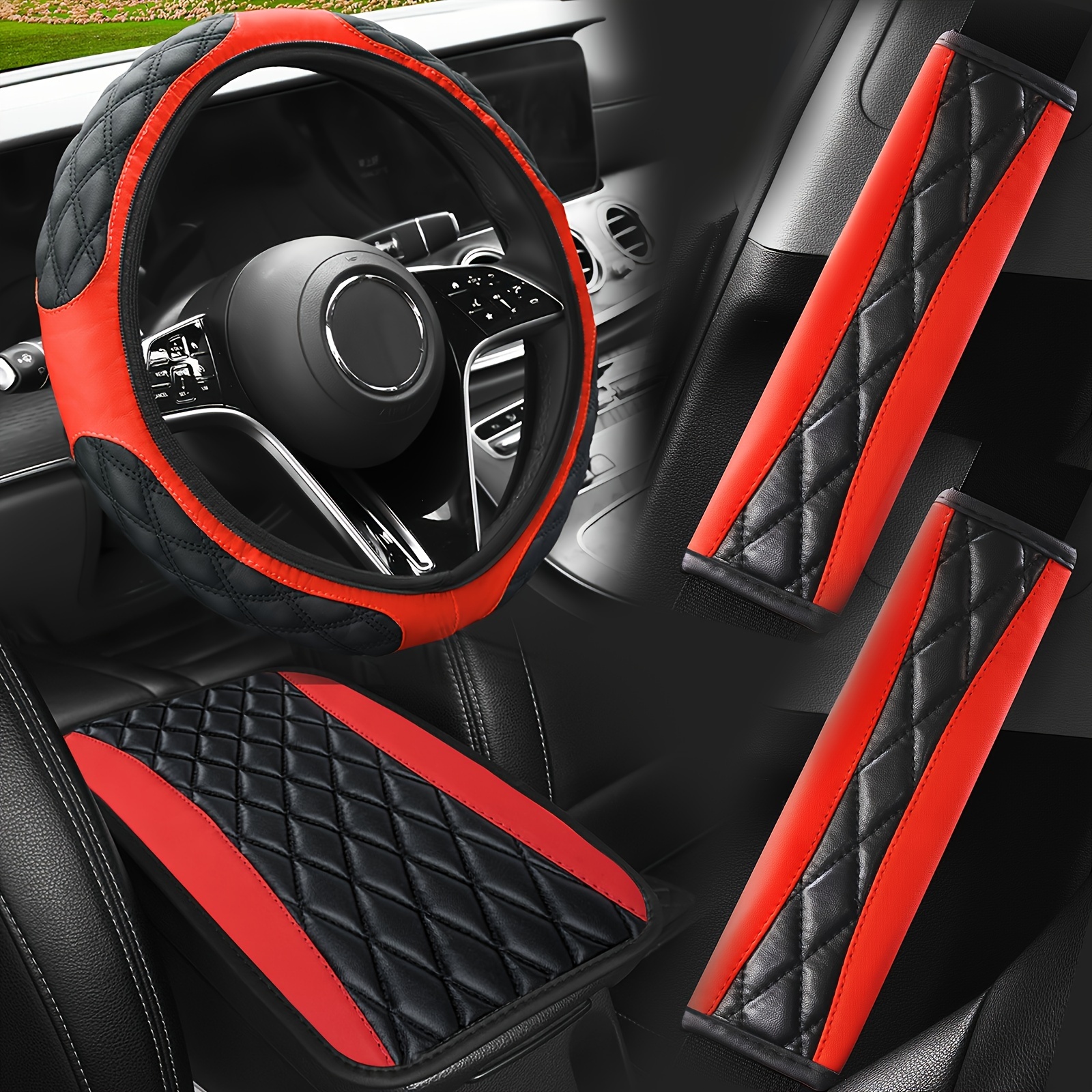 

4pcs Pupu Leatherpu Leather Bubble Steering Wheel Cover Armrest Box Mat Seat Belt Shoulder Protector Set