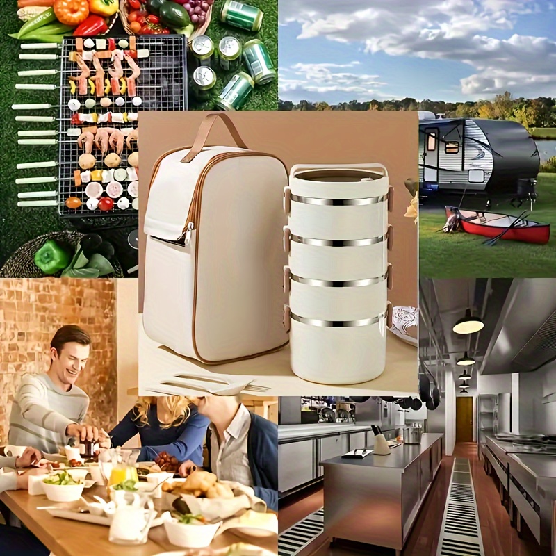 1 Set Of Stainless Steel 4 Layer Lunch Box With Lid With Complementary Bag & Cutlery Large Capacity Storage Bucket, For Camping, Picnic, School, Office, And Outdoor Adventures