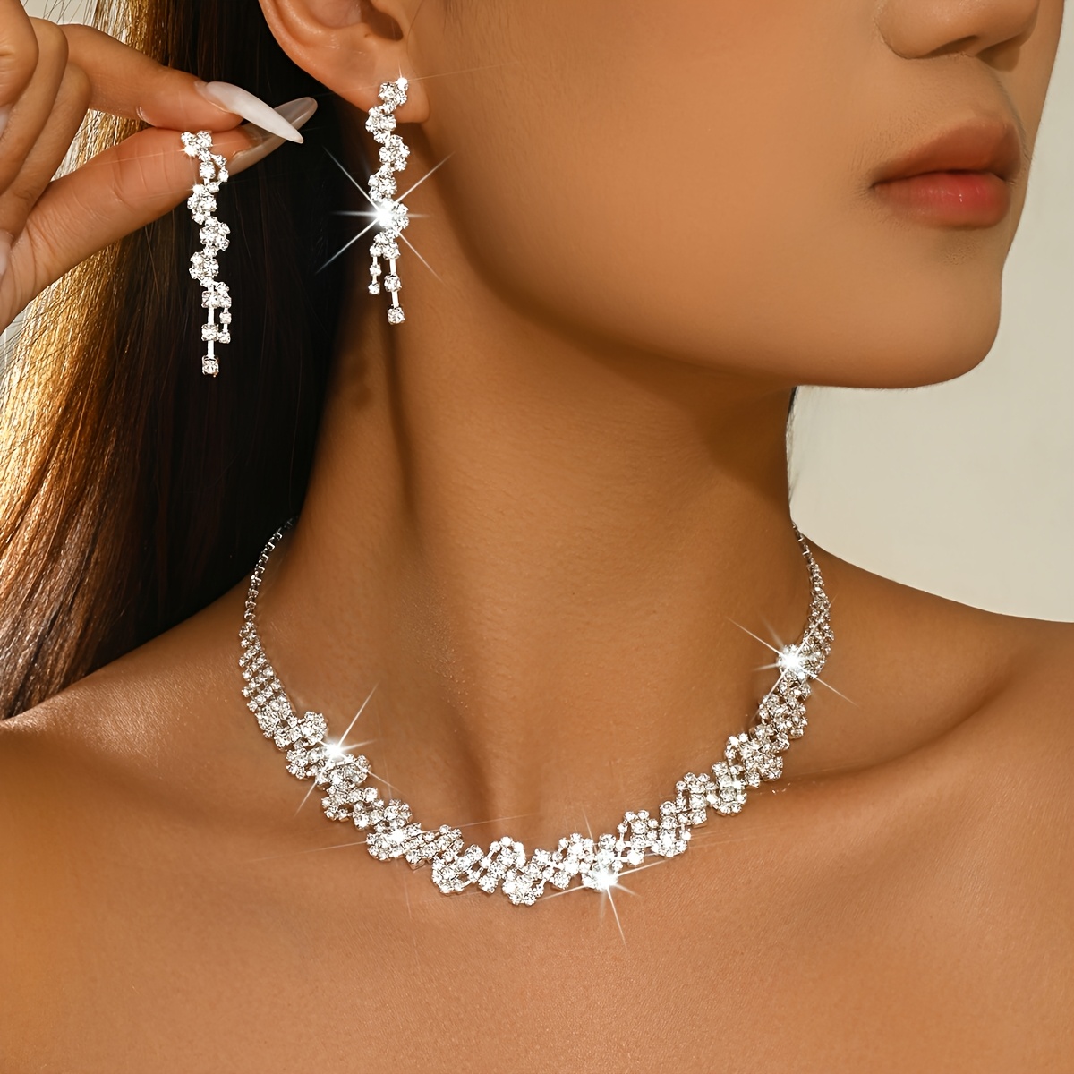 TEMU Ensemble de bijoux de mariée tendance pour femme, collier et boucles d'oreilles, idéal pour les fêtes et les cérémonies nuptiales