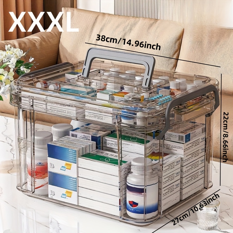 TEMU Large Capacity Medical Organizer With Handles & Lid - Durable Transparent Plastic Storage Box, Multi-compartment Design For , Emergency Supplies