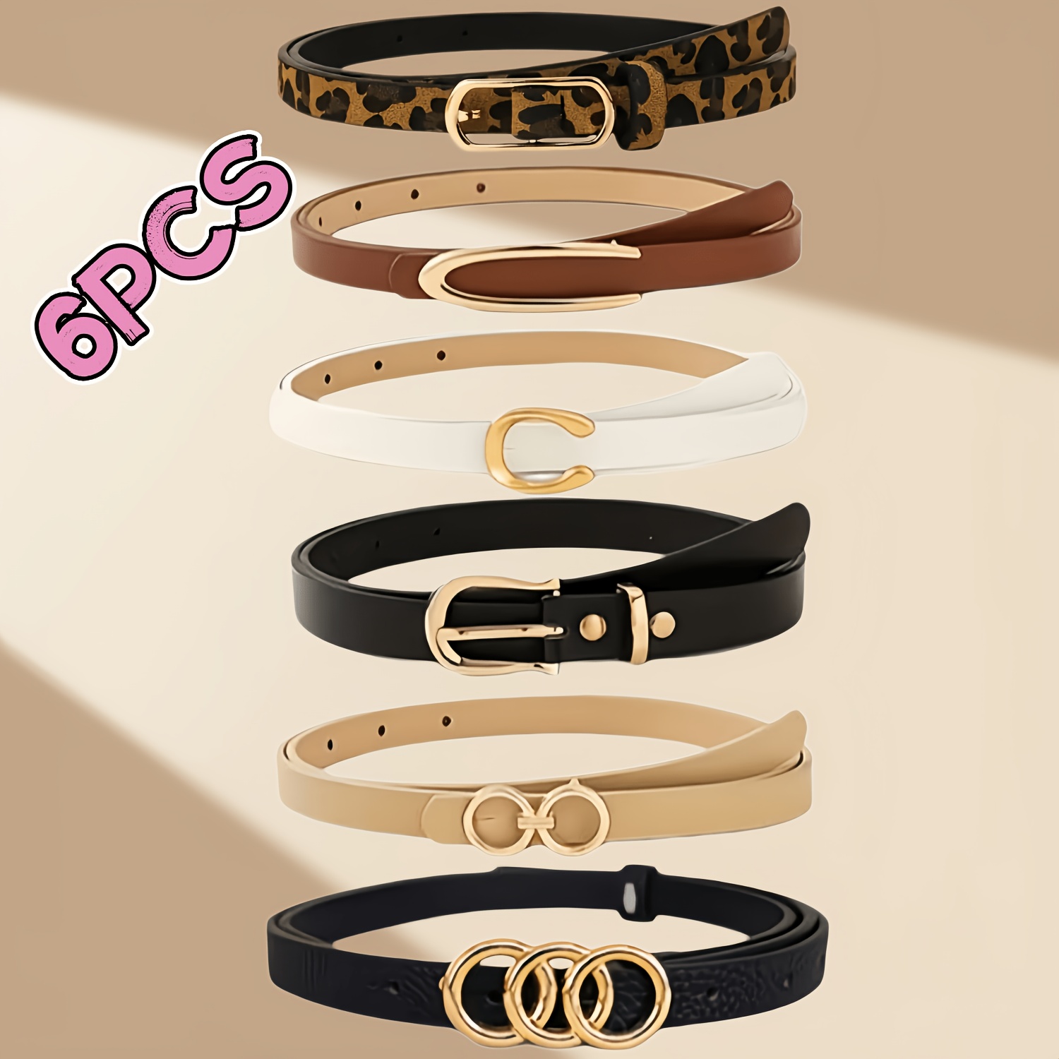 Temu – TEMU 6pcs Women’s Classic Thin Belts – Slim Fit Dress Belts, Leopard Print Belts, Versatile Waist Accessories For Dresses, Pants, Skirts, And