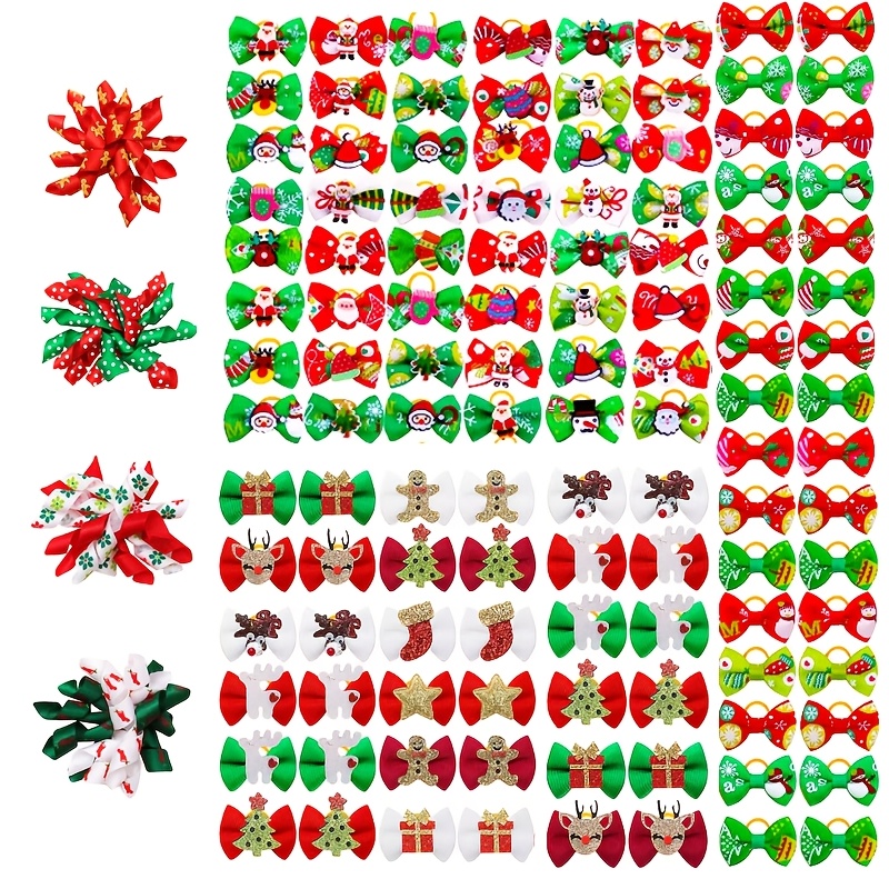 TEMU 50pcs Christmas Pet Hair Bows, Festive Xmas Hair Additions, Cute Holiday Bow Hair Clips For Small Medium Puppy Kitten, Xmas Tree Snowman Santa