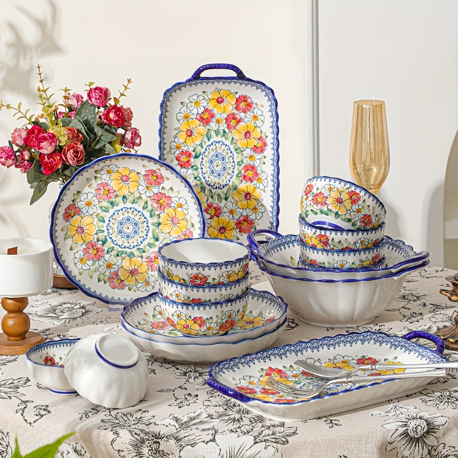 

1pc "elegant Blossom" Vintage Floral Ceramic Dinnerware -bowls/plate | Safe & Healthy Underglaze Design | Microwave/dishwasher/oven Safe | Perfect For Home Decor & Kitchen Essentials
