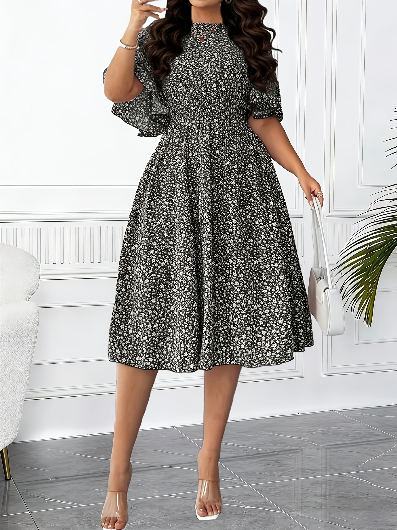 Plus Size, Women's Plus Size Floral Round Neck Ruched Sleeve Elastic Waist  A-Line Short Dress, Elegant Casual Wear