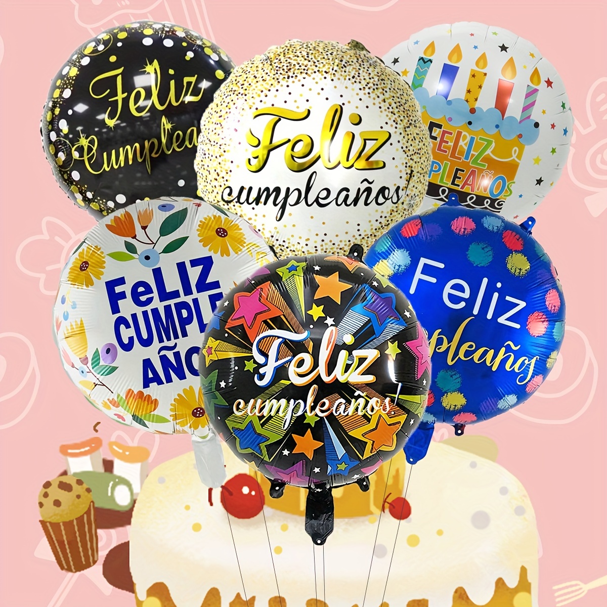 

6pcs 18" Spanish Happy Birthday Foil Balloons - Self-sealing, No Power Needed - Perfect For Birthday Party Decorations