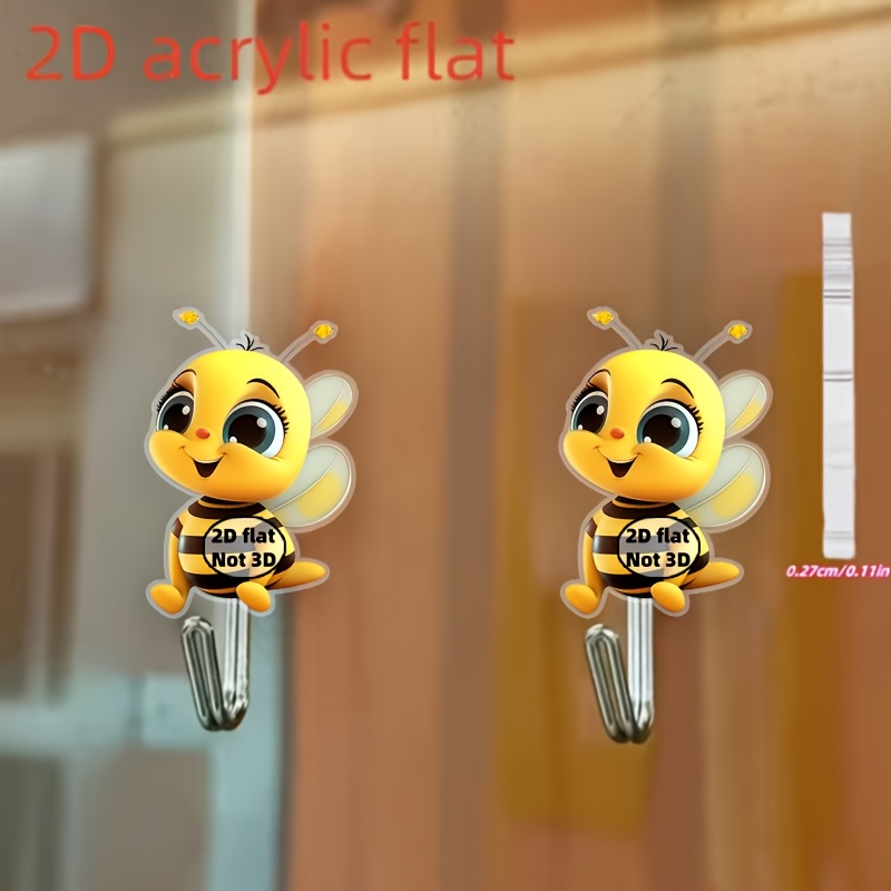 TEMU 2pcs Set Of 2d Flat Auxiliary Hooks, Cute Cartoon Bee Pattern Self-adhesive Hook Decoration, Suitable For Kitchen, Bathroom, Room Decoration,