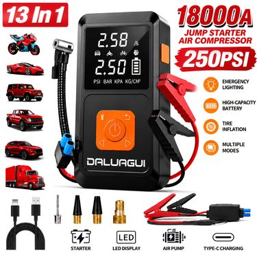 DALUAGUI 13-in-1 Multi-Functional Emergency Jump Starter with 250PSI Air Pump, LCD Digital Display with LED Light, Vehicle Charger, Compatible with 2.38 Gallon Gasoline Or 2.64 Gallon Diesel, Automotive Parts, Emergency Kit, Outdoor/Holiday Gift