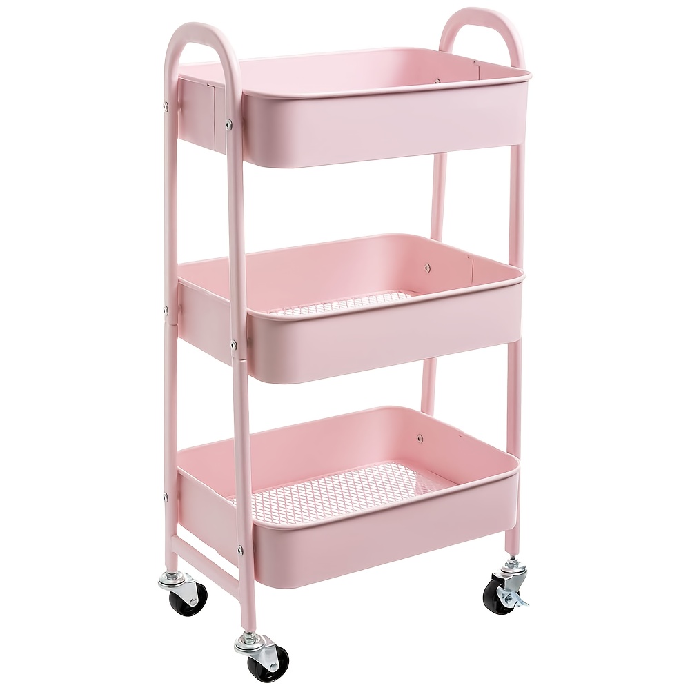 Image of Practical Three-tiered Storage Rack With Wheels, Suitable For Kitchens And Living Rooms, 43x30x76.5cm, Pink., Utility Racks