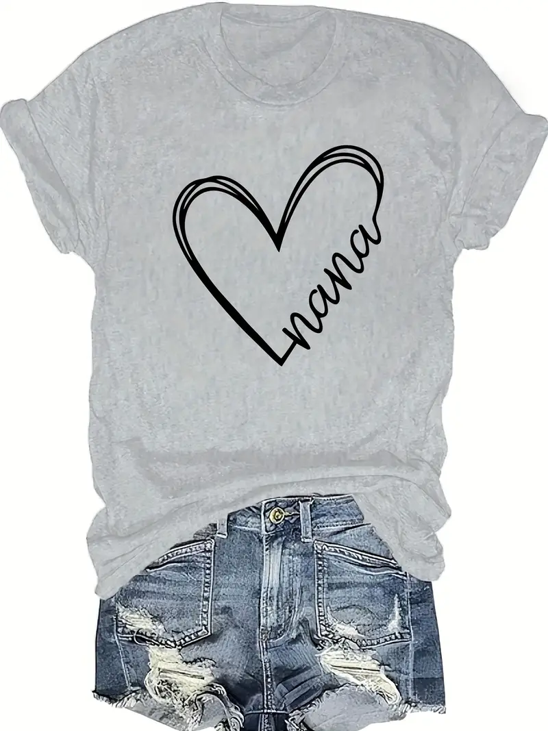 Heart Print T-shirt, Short Sleeve Crew Neck Casual Top For Summer ...