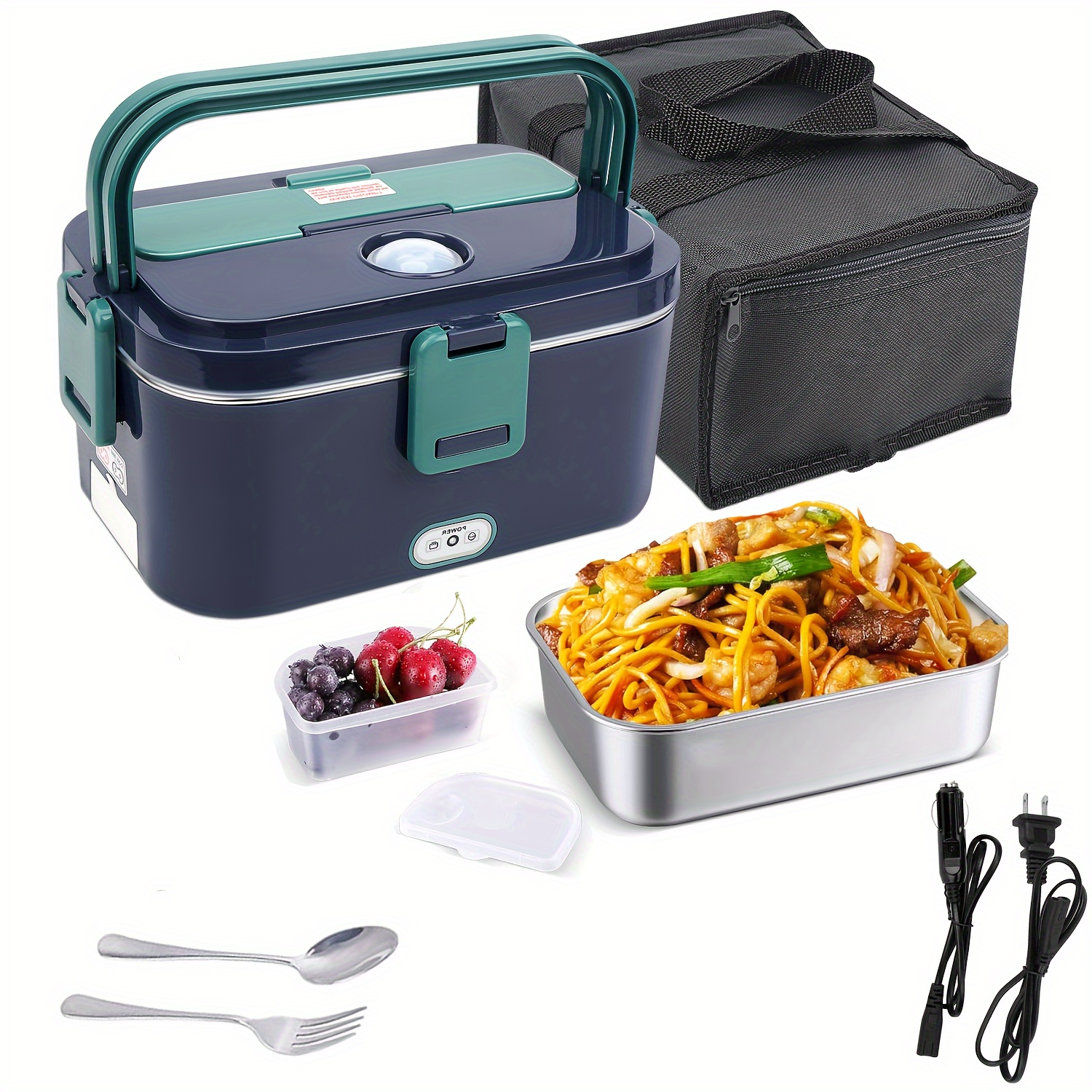 

Electric Lunch Box Food Heater, 80w High-power Food Warmer, 12v 24v 110v 3 In1 Portable Microwave For Car And Home, With Detachable 304 Stainless Steel Container Fork And Spoon