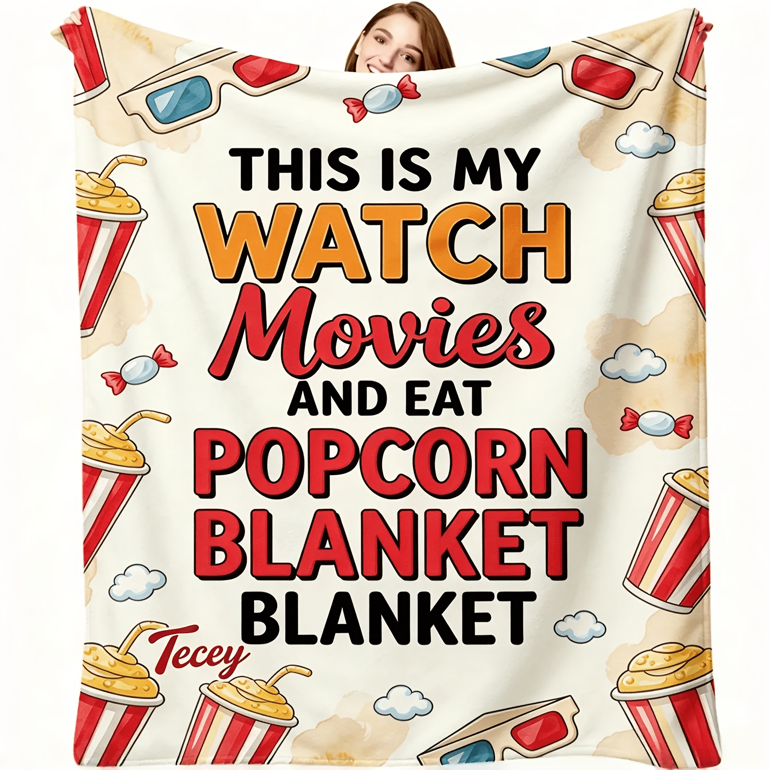 TEMU 2d Flat 1pc, Movie Watching Popcorn Pattern Printed Soft Flannel Blanket, Single-sided Printing, Soft And Comfortable, Suitable For All Four,