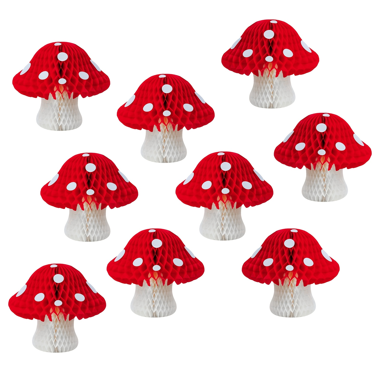 TEMU 9pcs Red Honeycomb Hanging Decor, 3d Tissue Paper Toadstool Holiday Decorations, Woodland Fairy Halloween Christmas Birthday Party Ceiling