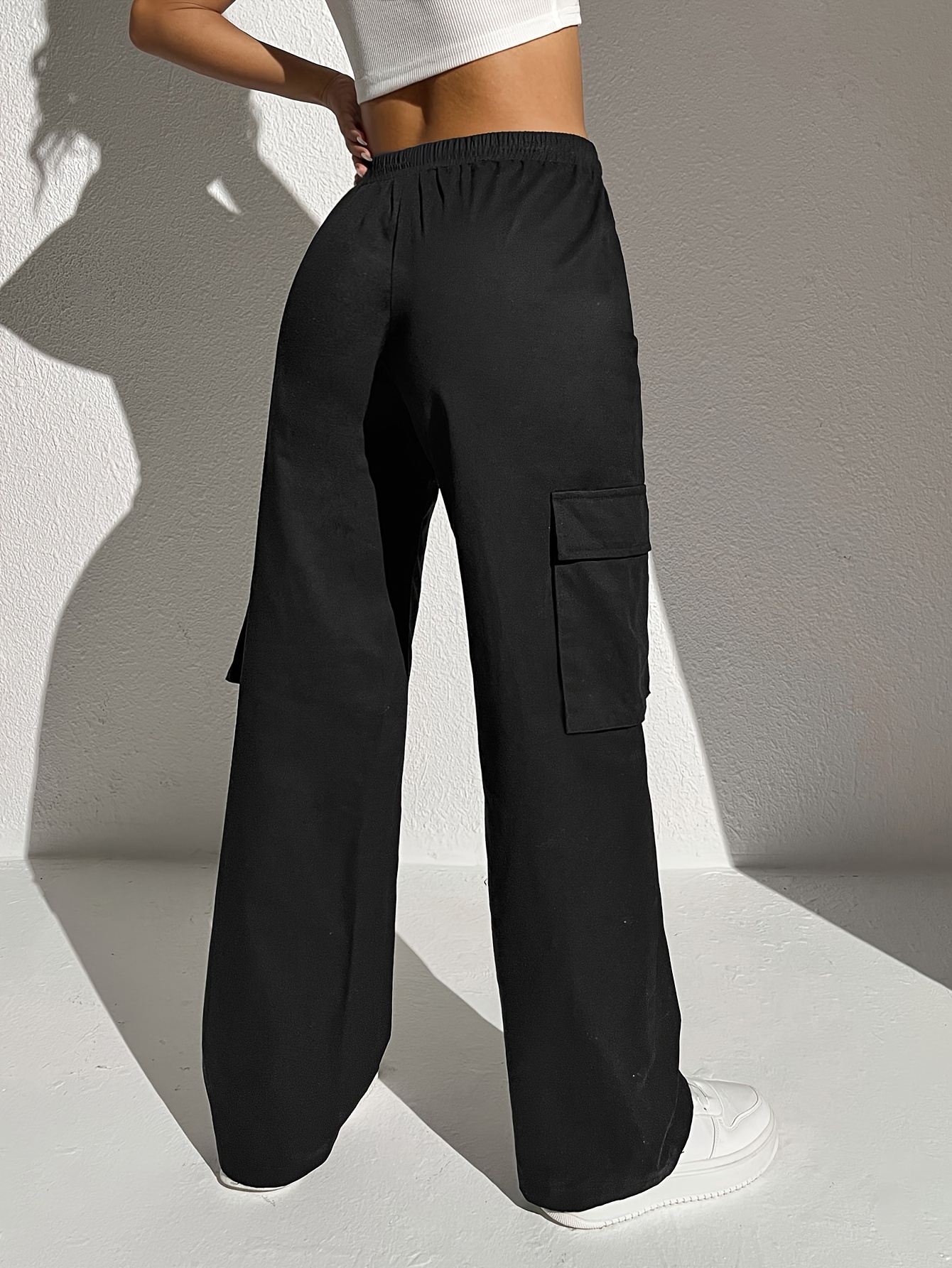 Women Casual High Waist Cargo Pants Woman Loose Solid Black Khaki Lady  Trousers Pockets Elastic Waist Bottoms Ankle Length - AliExpress