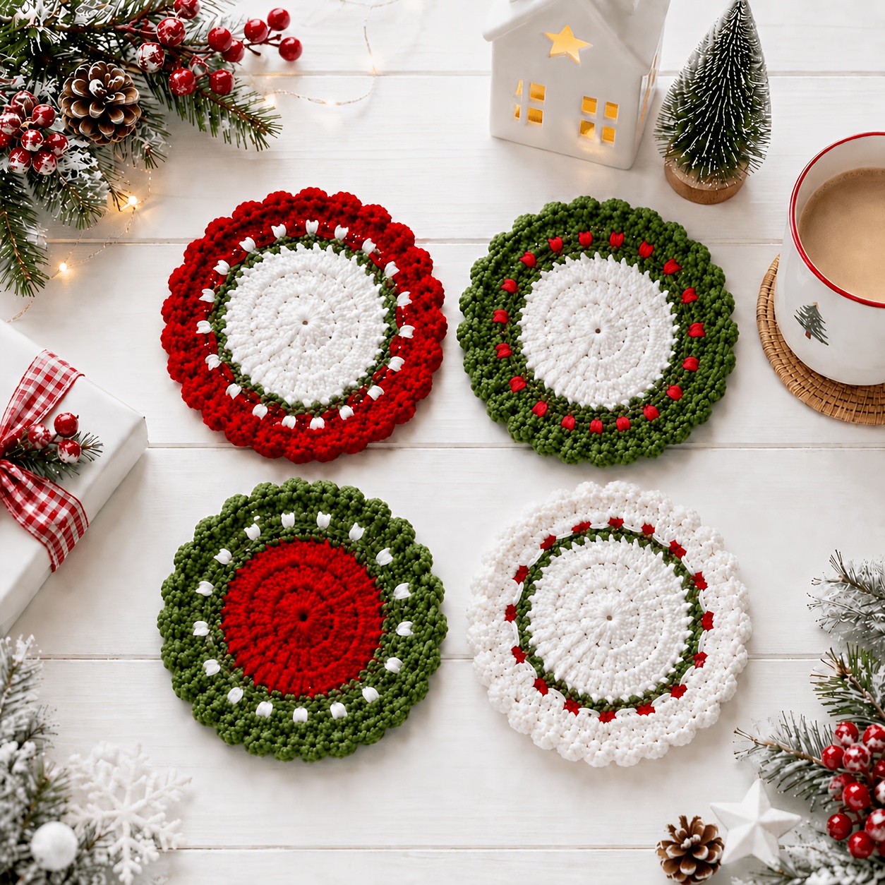 TEMU 4pcs Handmade Crochet Christmas Coasters Set - Festive Wreath Drink Coasters With Bow For Coffee Mug, Heat Resistant Table Decor & Holiday Gift