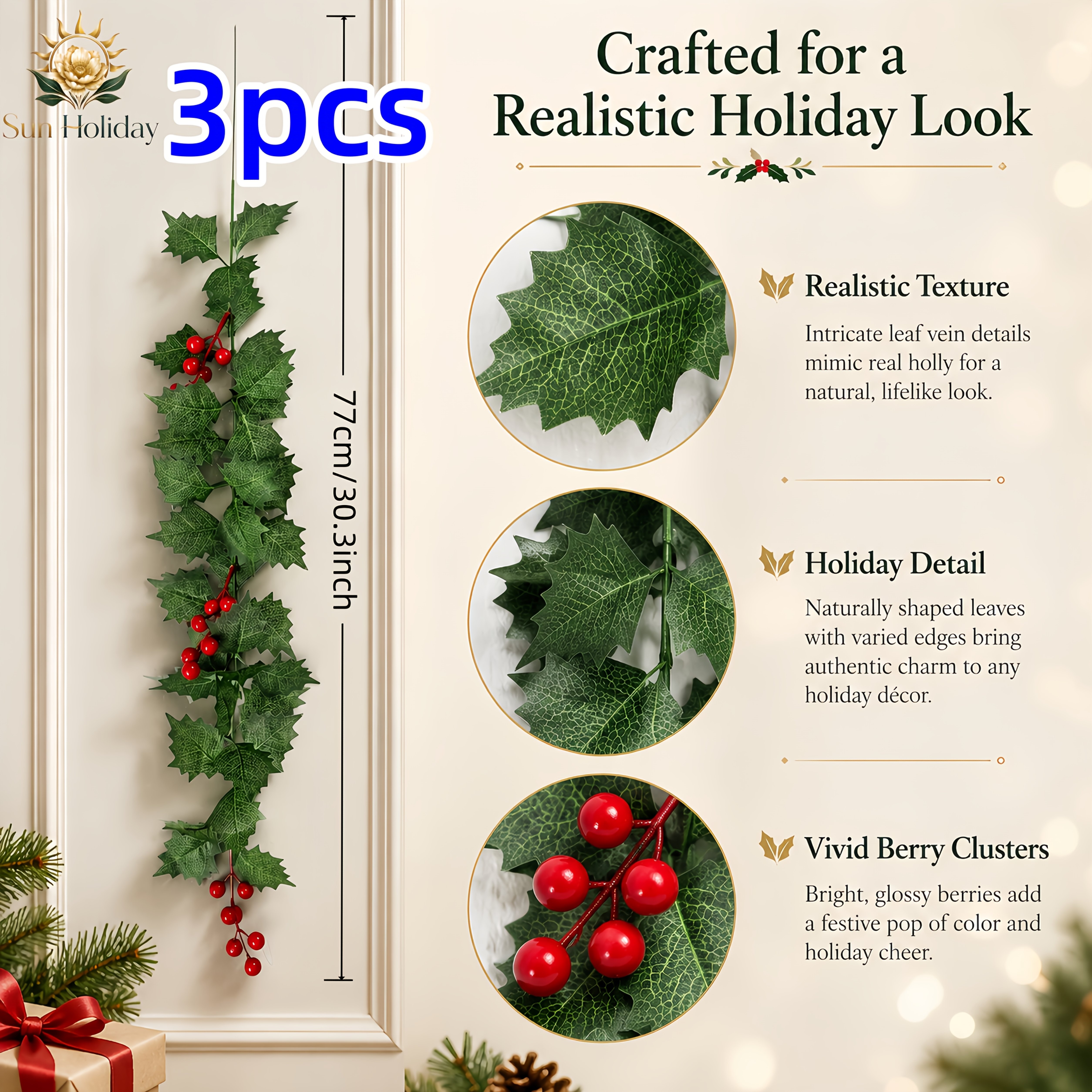 TEMU 3pcs Home Simulation Holly Hanging Floral Arrangement, 2 Colors Mixed, Holly Leaves With Berries. Suitable For Winter Window Sills, Over