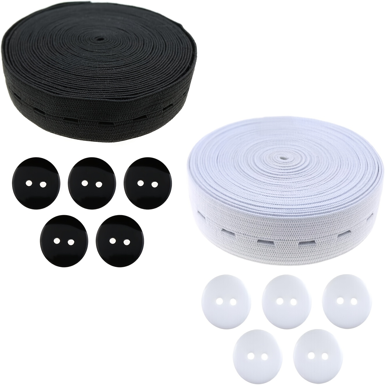 

2 Spools Waistband For Sewing - 3/4 Inch Black & White Knit Bands With Buttonholes, 5 White Buttons, High Diy Craft Supplies For Pants, Dresses, And Bras