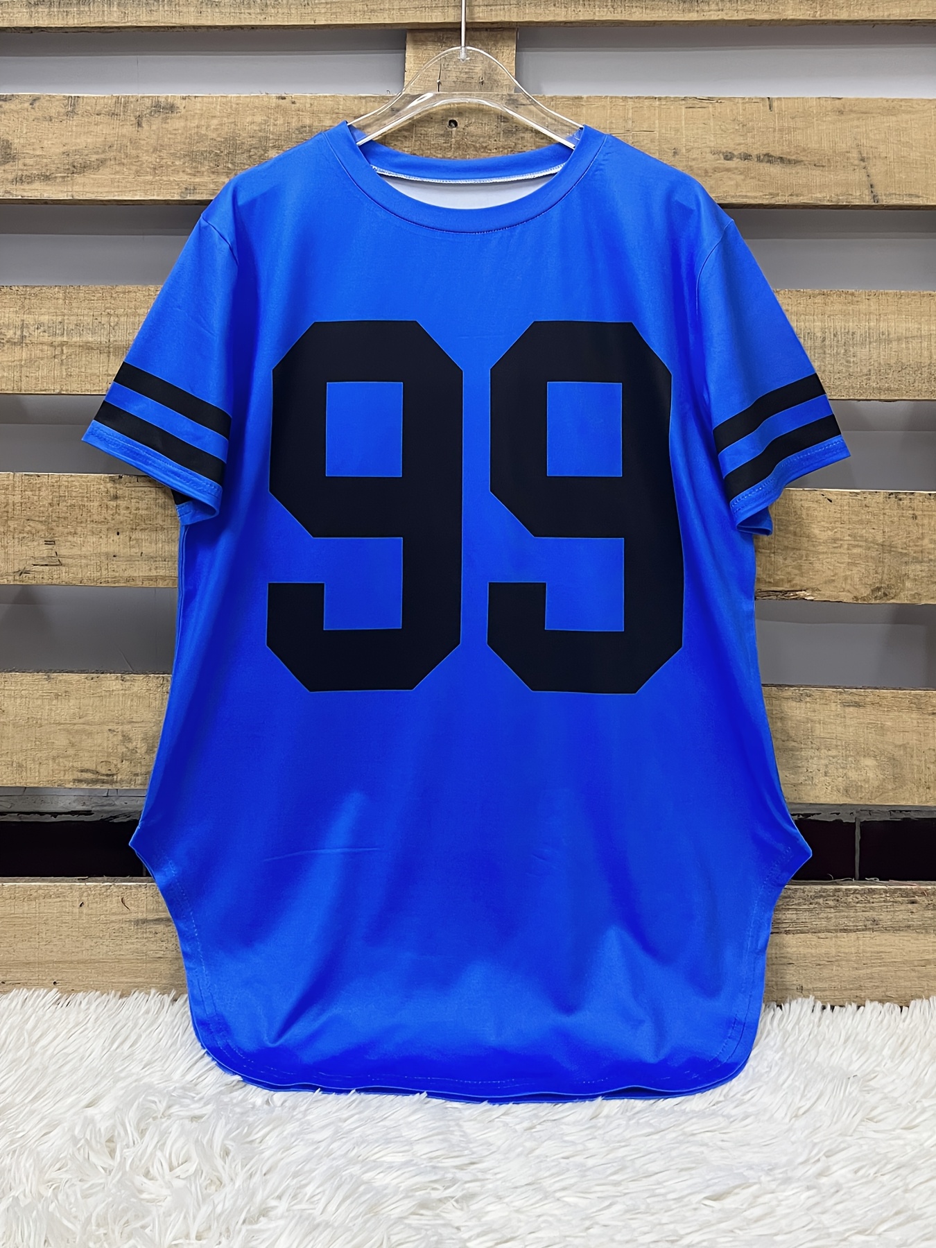 Women's Casual Longline T-Shirt with Bold '99' Graphic Print - Vibrant Blue Relaxed Fit, Mid-Stretch Machine-Washable Fabric for All-Season Comfort, Cute T Shirts, Everyday Clothing, Sporty Aesthetic, Stretchy Material