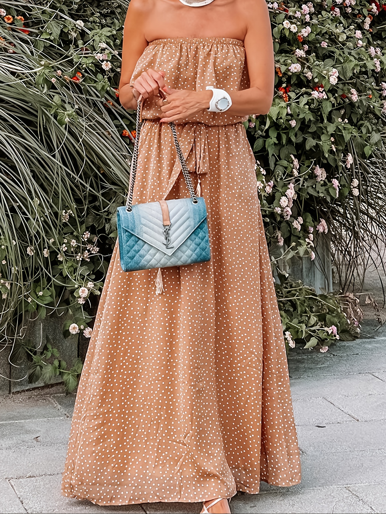 Bohemian Vacation Polka Dot Frenulum Strapless Pleated Dresses