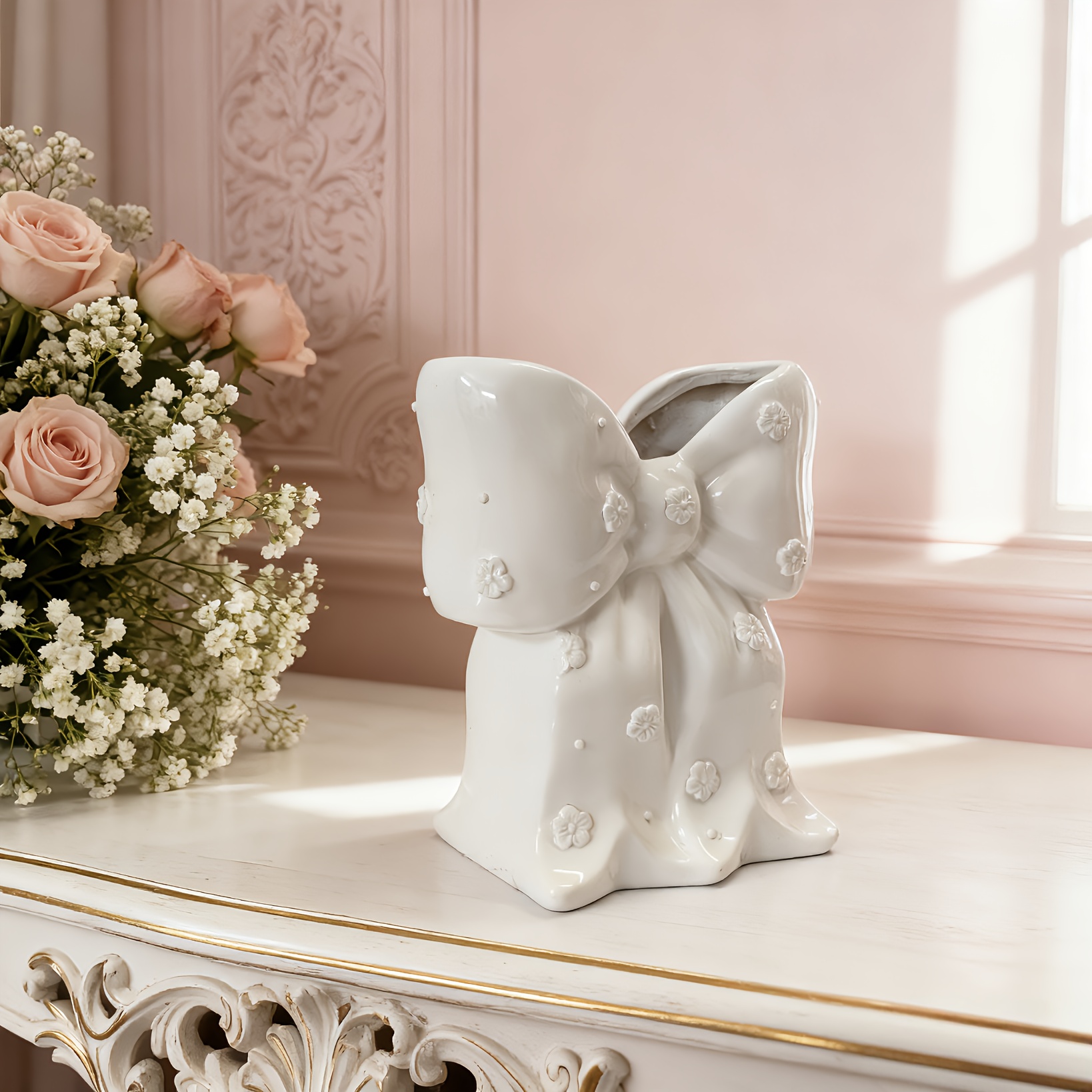 Image of French Romantic 3d Bow Vase | Resin, Cream White With Embossed Floral Details, Decor For Desks And Windowsills, Cozy Accent, Perfect Valentine's Gift For Girlfriend And Bff