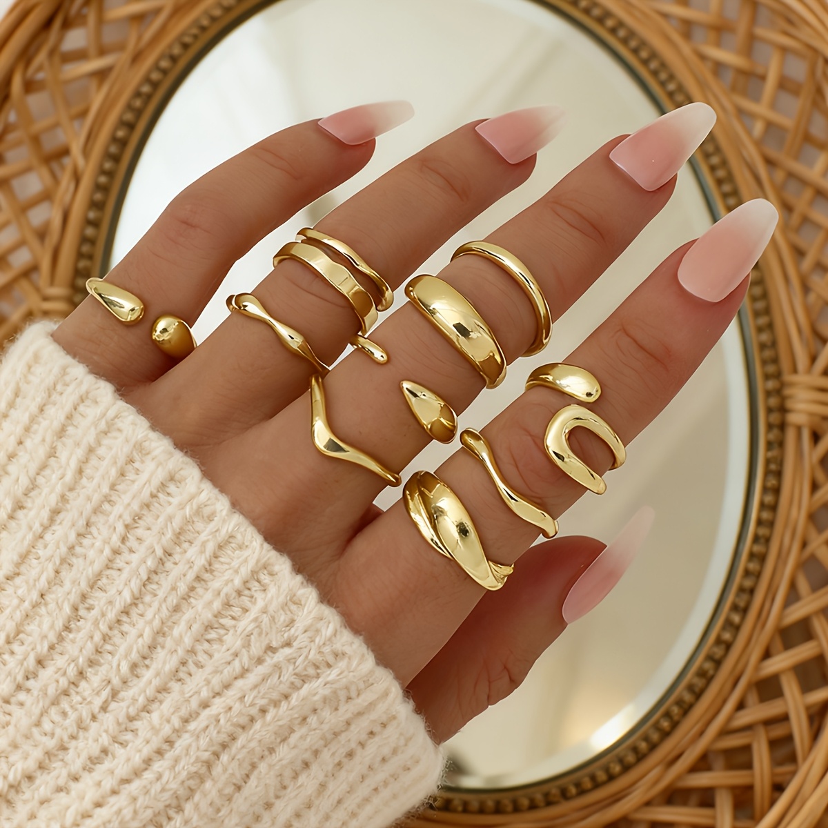 E-shop 10-teiliges Set polierte Legierungs-Stapelringe, Vintage modisches elegantes Ring-Set für Party, Hochzeit, Urlaub, , einfaches vielseitiges