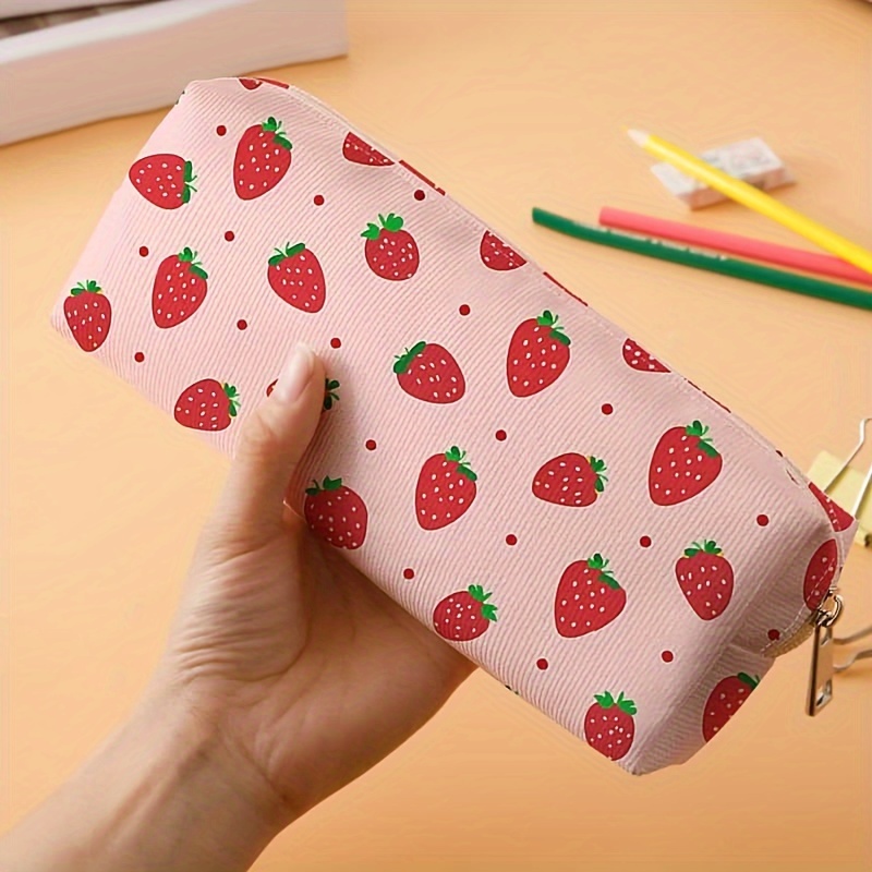 Image of Large-capacity Strawberry Print Pencil Case - Stylish & Durable Polyester, School Supplies & Cosmetics, Multifunctional Student Stationery Organizer With Zipper Closure, Cute Pencil Case