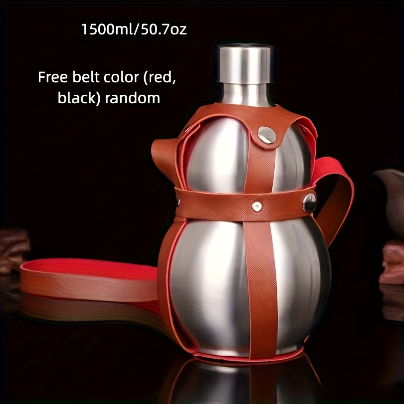 Image of 304 Stainless Steel Gourd 500ml 1500ml, Leakproof Hip With Pu Leather Strap, Portable Vintage For Outdoor Camping Hiking, Reusable Travel Liquor Container, Unique Gift For Men