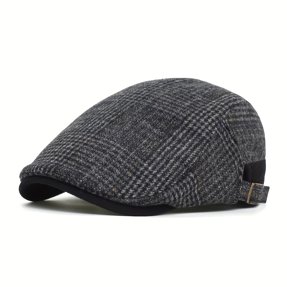 TEMU Cappello da giornaliero invernale autunnale in lana per , a quadri vintage casual, cappello piatto Gatsby, cappello a tesa regolabile, cappello