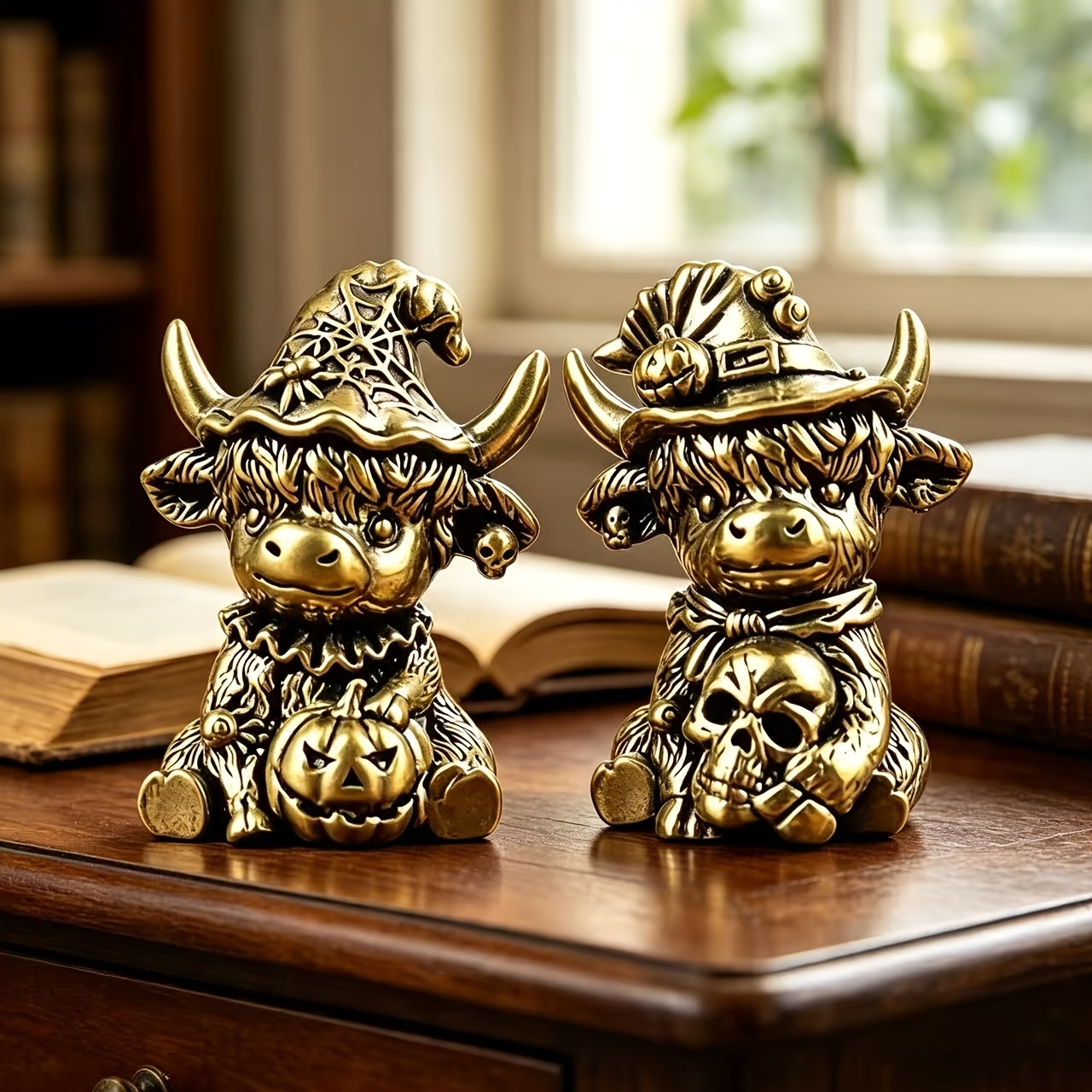 TEMU 2pcs Metal Pumpkin Highland Cow Statue, Suitable For Bedroom, Study, Desktop Decoration, Suitable For Home Decoration, Is An Ideal Decoration,
