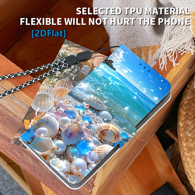 TEMU Phone Case - [2dflat] Sea Shell Pattern Fashion Flip Folding Wallet Phone Case, Compatible With Galaxy A73 5g/a72/a71/a71 5g/a70/a56/a55 5g/a54
