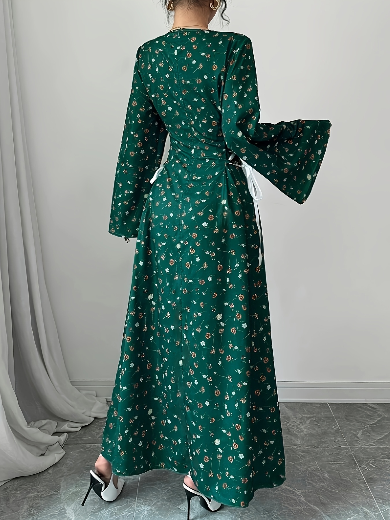 womens floral print collar long sleeve dress adjustable - Temu Oman