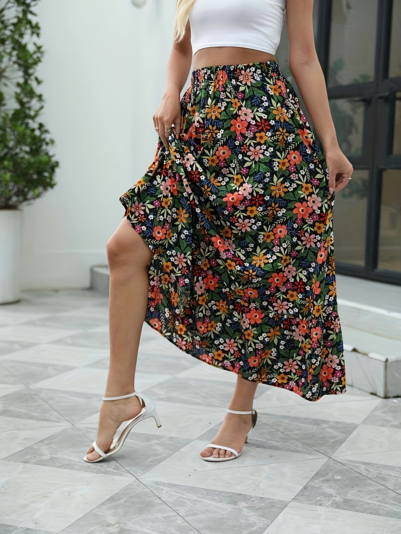 plus size floral print skirt elegant elastic waist maxi Temu New