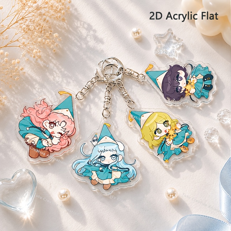 TEMU 2d Flat, 2-d Flat 4pcs Set Cartoon Acrylic Keychain, Anime Acrylic Keyring Pendant, Bag Charm With Lobster Clasp, Decorative Fan Anime Gift,