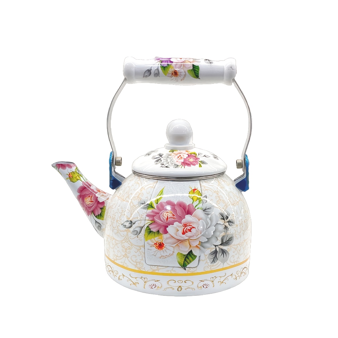 Image of 1pc, Vintage Floral Enamel Teapot With Ceramic Handle, Suitable For Home And Outdoor Use, Tea Set, Stove Accessory