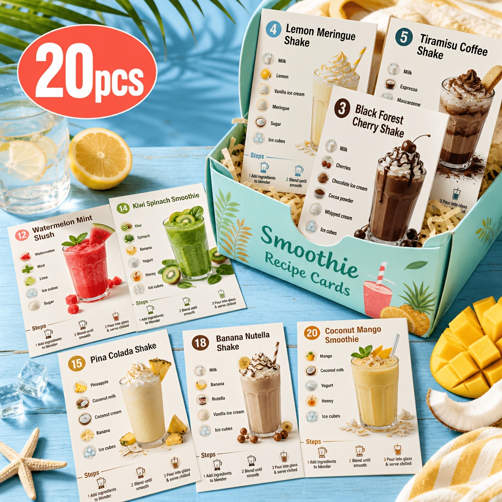 TEMU 20pcs Smoothie Recipe Cards/postcards, With Instructions, Suitable For Home Kitchen, Beginners And Birthday Gift Postcards, Summer Snacks,