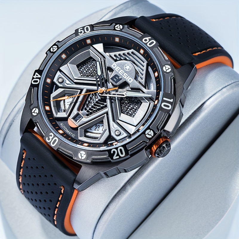 TEMU Fully Automatic Mechanical Men's Watch, Stainless Steel Watch, Fashionable Silicone Strap, Luxurious Men's Wristwatch, Stylish Casual Business