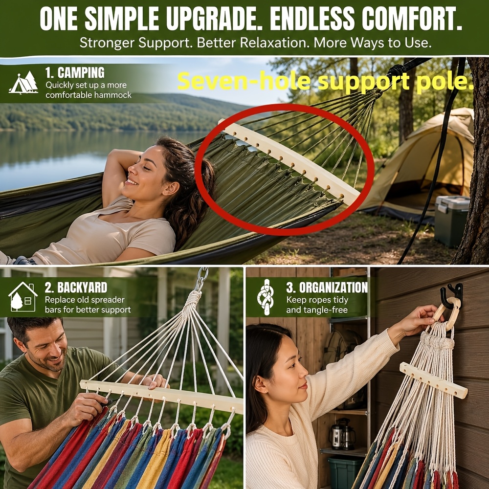 TEMU 2pcs Hammock Wooden Spreader Bars, Hammock Accessories With A Unique Curved Design Hammock Support, Hammock Hanging Ropes