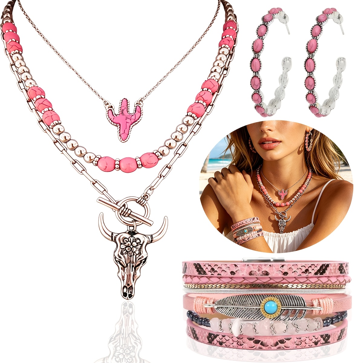 5pcs Vintage Southwestern Bohemian Turquoise & Cactus Bead Jewelry Set - Women's Necklace, Earrings & Bracelet Suitable For Casual Attire, Weddings, Parties, Vacations, Holiday Gifts (no Plating)