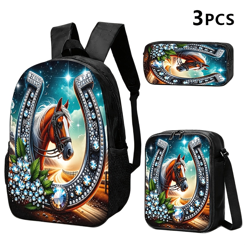 TEMU 1pc/2pcs/3pcs Sac à dos, sac bandoulière et pochette sur le thème du cheval et du de pierres, avec ing ; design et luxueux pour les utilisateurs