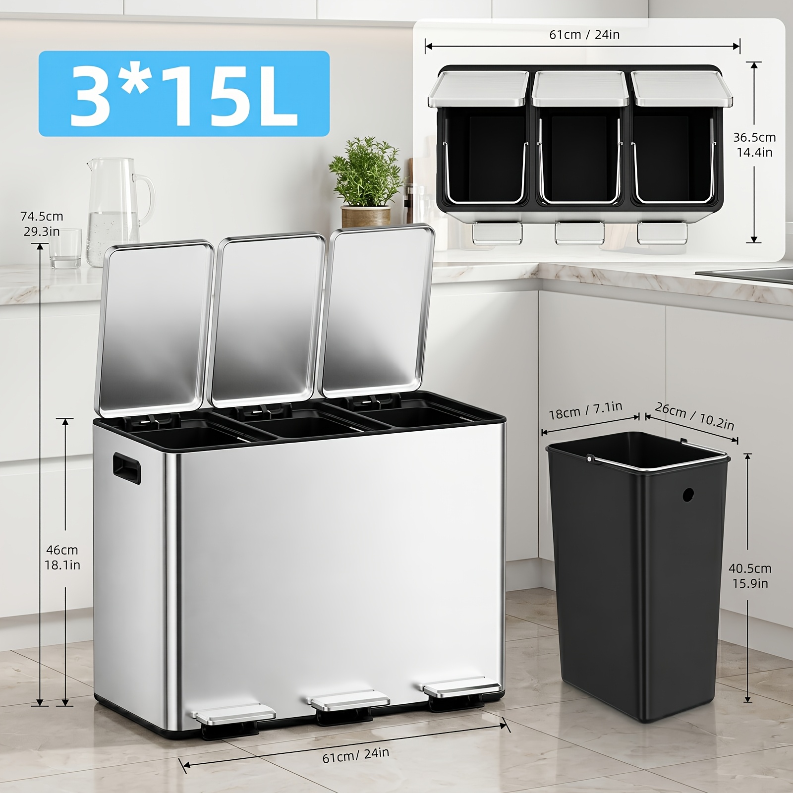 TEMU Mvm [quiet, Odor-proof] 45l, 3-in-1 Stainless Steel Pedal-operated Trash Can | Rust-proof, Fingerprint-proof, And Deodorizing | Suitable For
