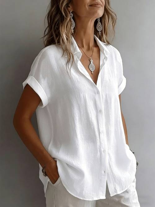 item picture womens lapel shirt loose short sleeve single button tummy control top breathable linen texture fabric casual versatile style easy curved lazy style literary top