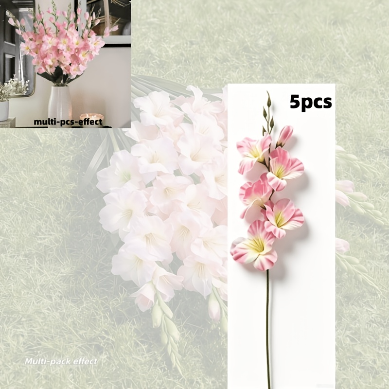 TEMU Tiges de glaïeul artificielles à 5 tiges avec dégradé rose pâle, à pétales roses pâles délicats et réalistes. Les tiges pliables pour un
