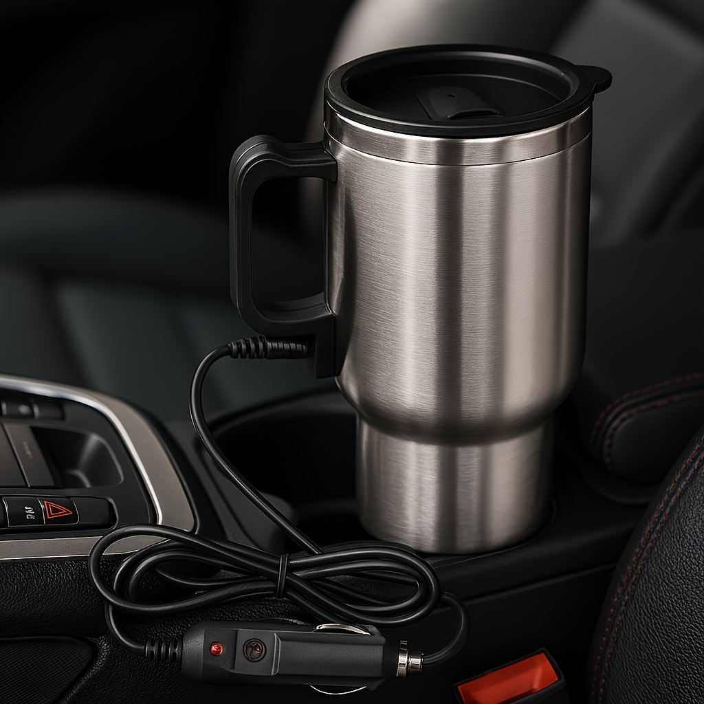 TEMU 450ml Stainless Heating Mug Set, 65&deg;c Insulated Travel Cup For Car, 12v Powered Heated Coffee Tea Mug, Leakproof Vacuum Design With Cleaning Brush