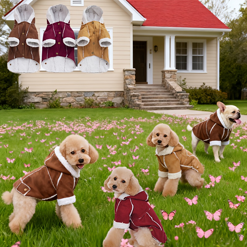 british style real fur like look winter dog jacket with sheep lining adjustable hooded collar button front closure poodle like pomeranian like small medium dogs cats outerwear cozy cold weather warm coat no Product details 0