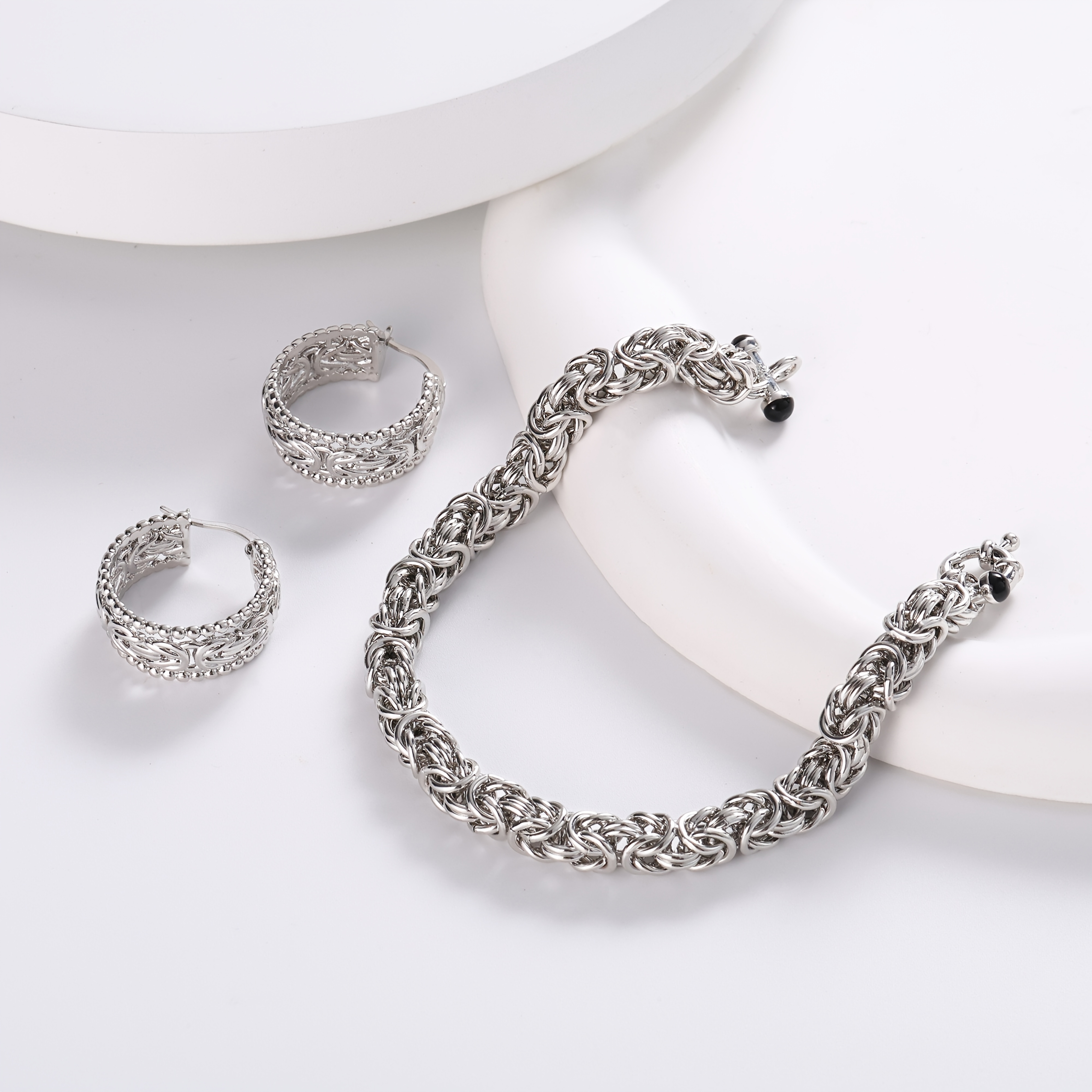 Women's 925 Sterling Silver Heavy Woven Bangle & Hoop Earrings Set