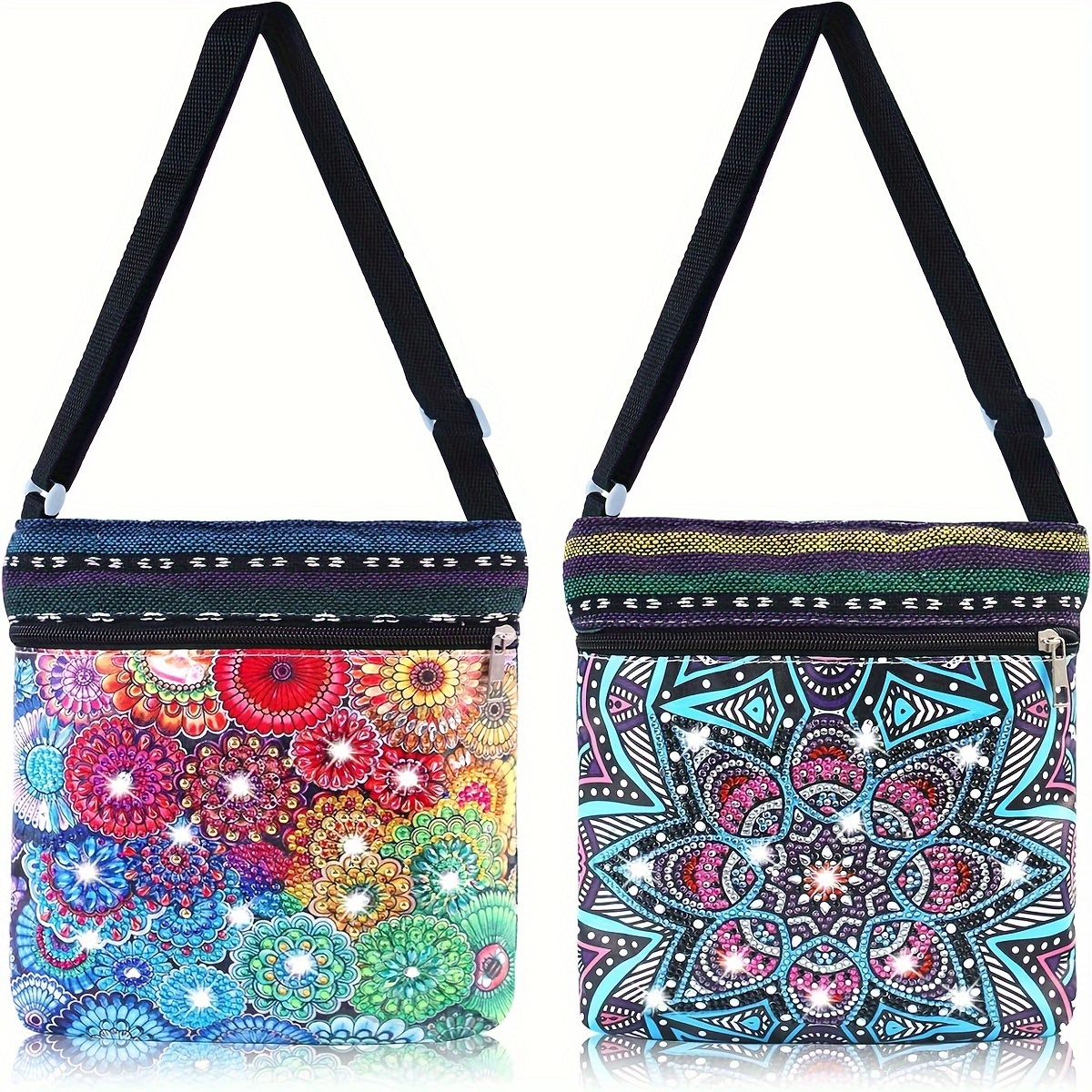 

2-pack Diamond Painting Crossbody Bags For Beginners And Adults, 5d Diy Mandala Flower Art Craft Kits With Round Diamonds, Pu Leather Single Shoulder Zipper Handbags, Embroidery Gift Sets