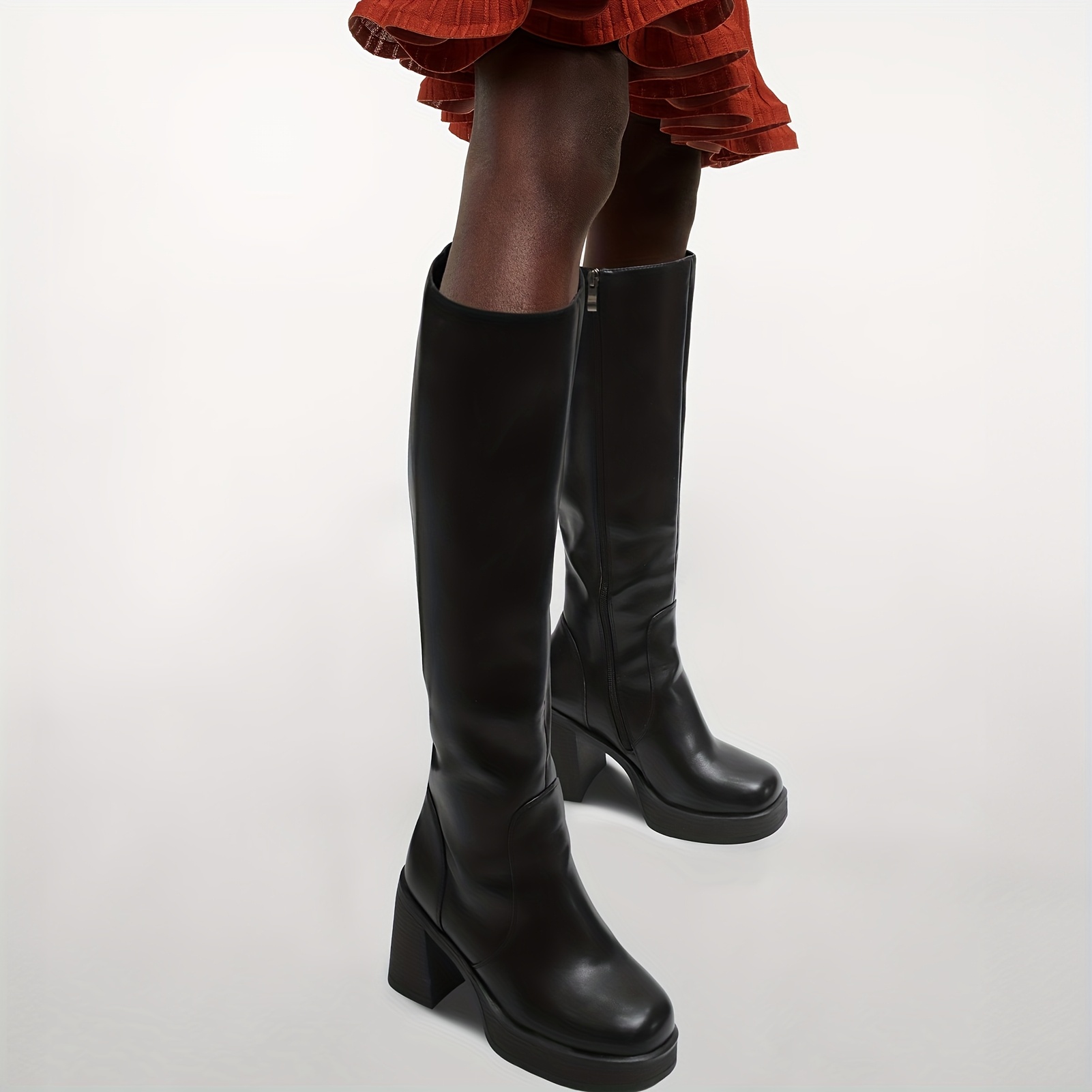 stylish women's knee-high platform boots with straps side zipper