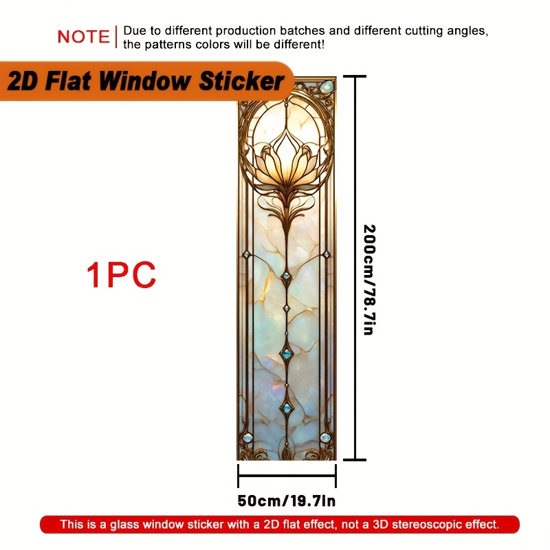TEMU 2d Flat, 1pc Art Deco Floral Stained Glass Pattern With Gems 2d Flat Window Sticker, 19.7×78.7in Pvc Static Decal, Suitable For Party